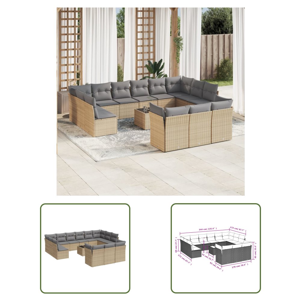 The Living Store 14-cz. zestaw mebli ogrodowych z poduszkami - beżowy - polirattan - Sofa Ogrodowa