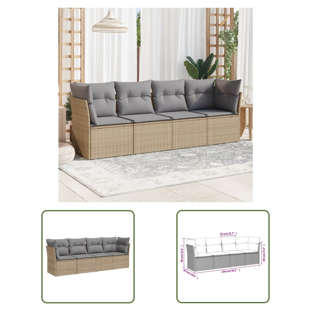 The Living Store 4-cz. zestaw mebli ogrodowych z poduszkami - beżowy - polirattan - Sofa Ogrodowa