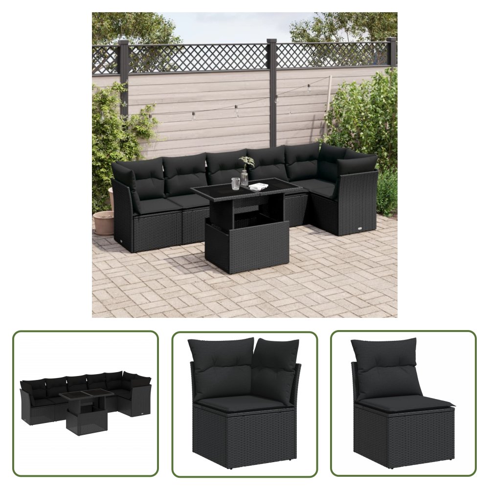 The Living Store 7-cz. zestaw wypoczynkowy do ogrodu - z poduszkami - czarny - Sofa Ogrodowa