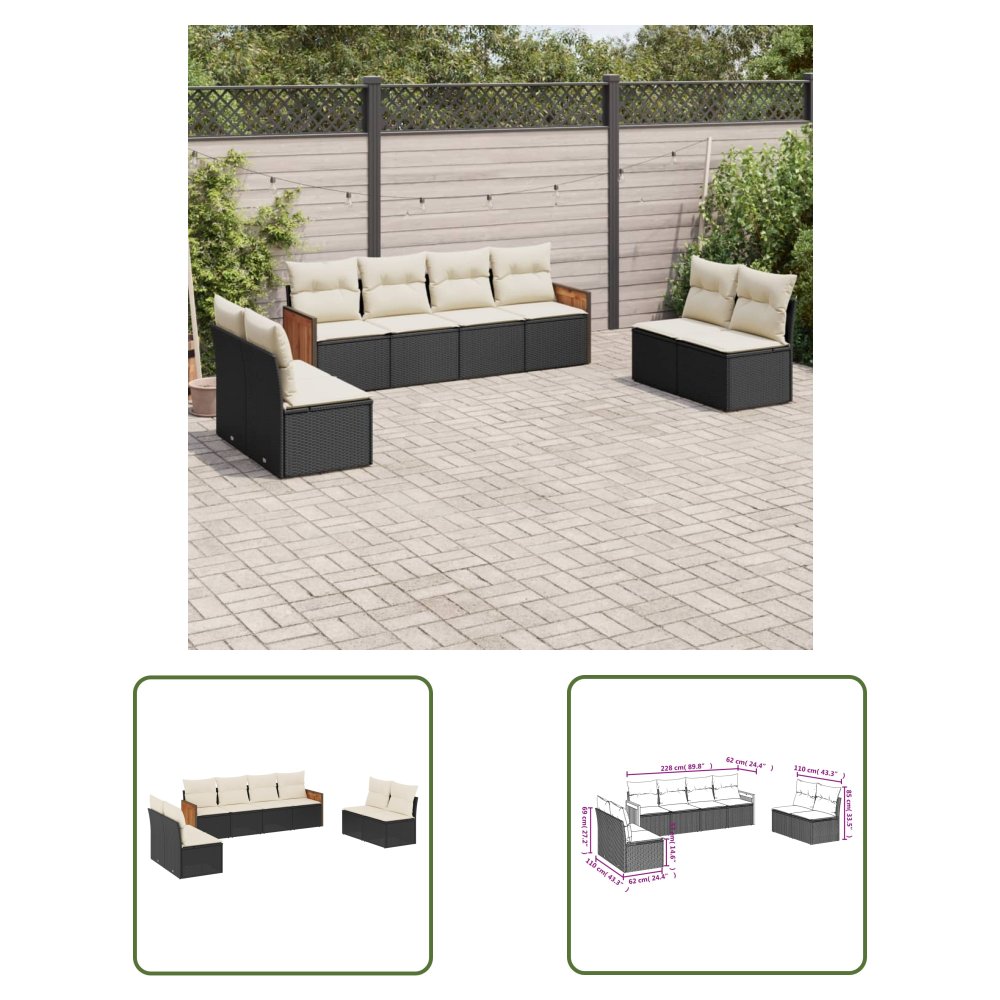 The Living Store 8-cz. zestaw wypoczynkowy do ogrodu - z poduszkami - czarny - Sofa Ogrodowa