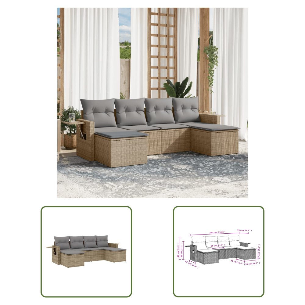 The Living Store 6-cz. zestaw mebli ogrodowych z poduszkami - beżowy - polirattan - Sofa Ogrodowa