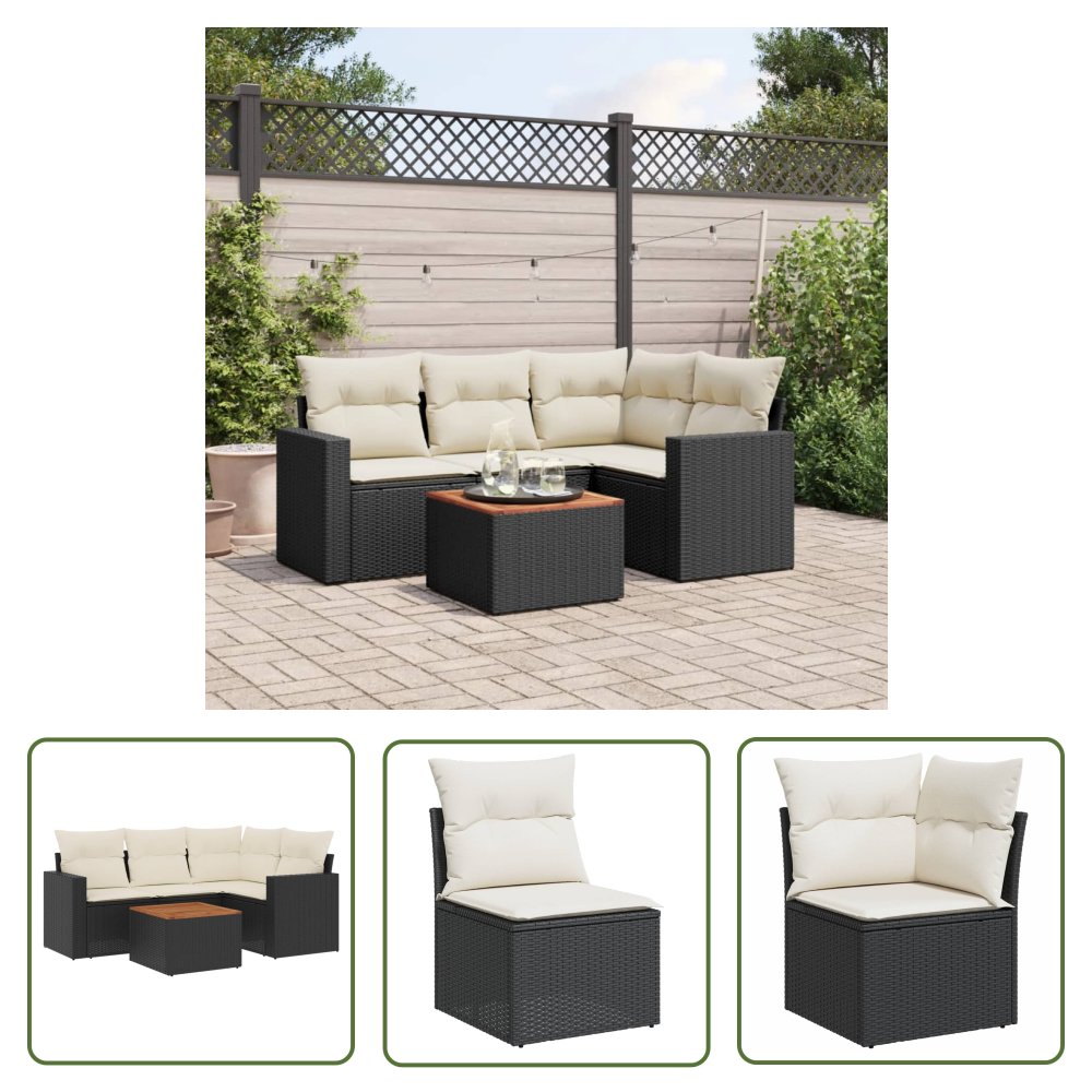 The Living Store 5-cz. zestaw wypoczynkowy do ogrodu - poduszki - czarny rattan PE - Sofa Ogrodowa