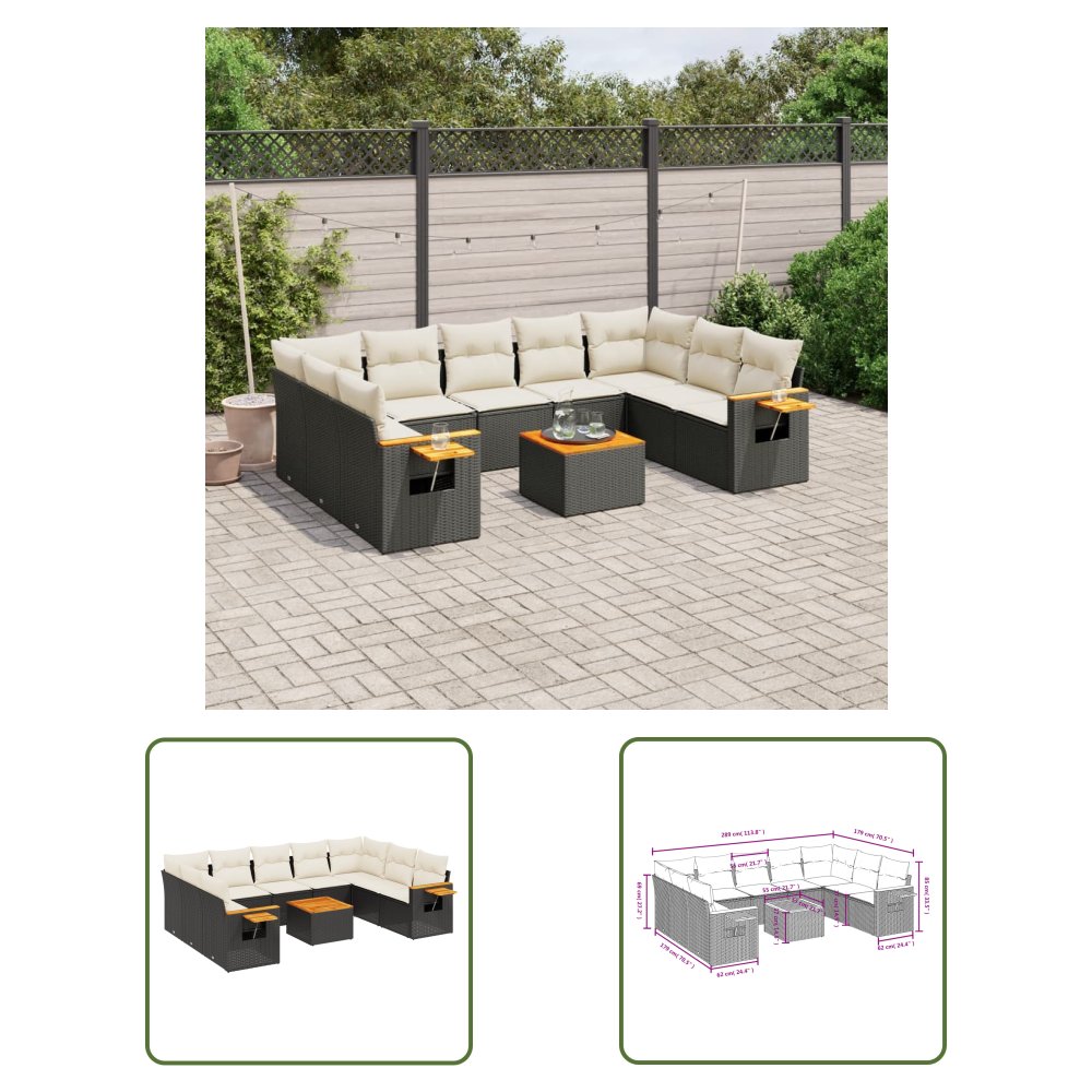 The Living Store 10-cz. zestaw wypoczynkowy do ogrodu - poduszki czarny rattan PE - Sofa Ogrodowa
