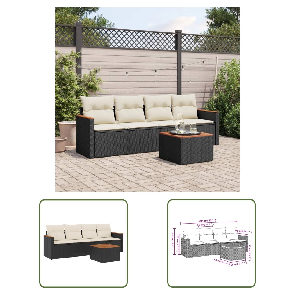 The Living Store 5-cz. zestaw wypoczynkowy do ogrodu - poduszki - czarny rattan PE - Sofa Ogrodowa