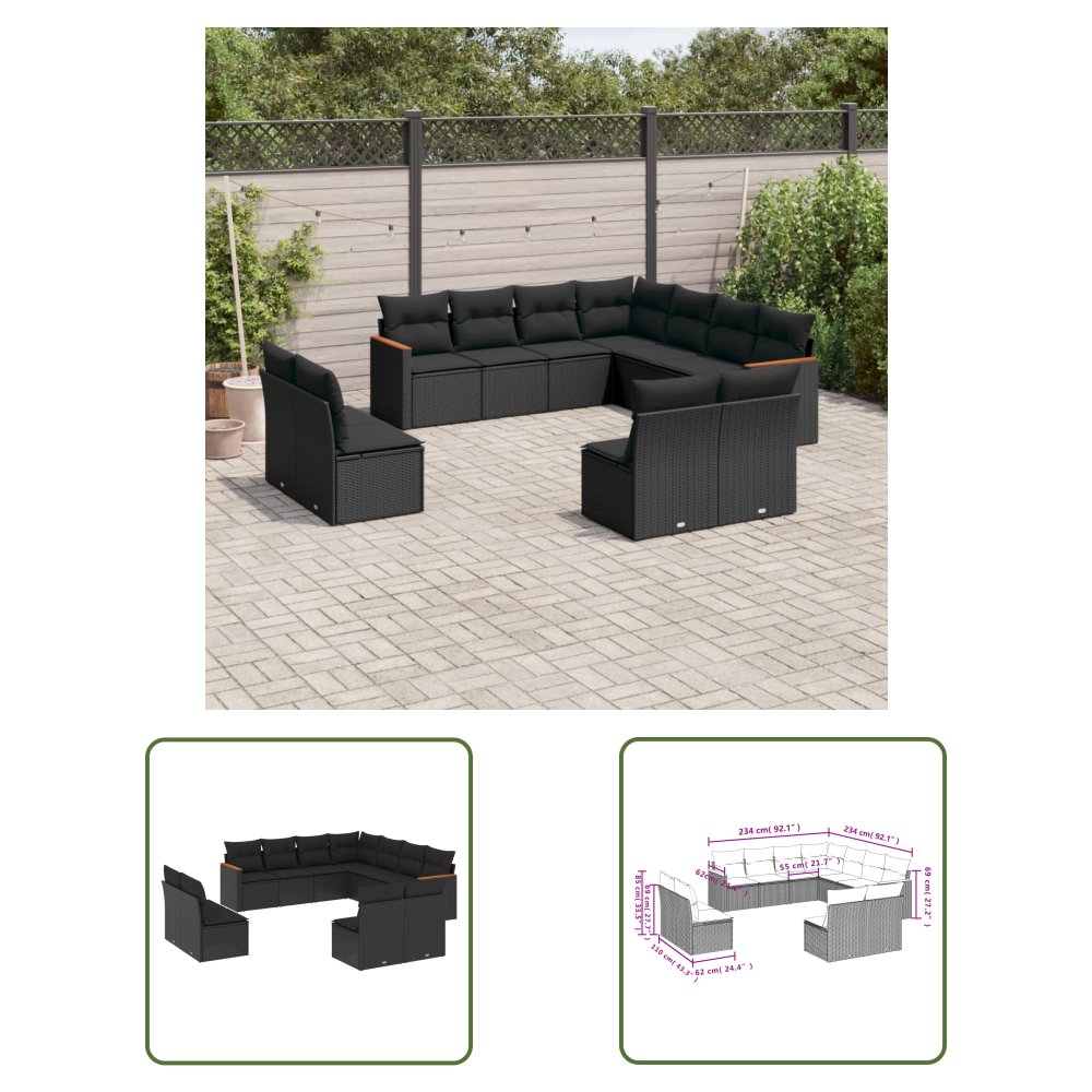 The Living Store 11-cz. zestaw wypoczynkowy do ogrodu - poduszki czarny rattan PE - Sofa Ogrodowa