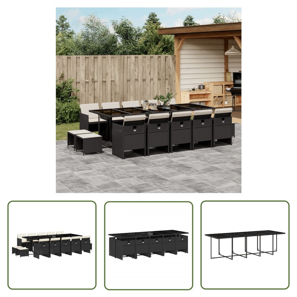 The Living Store 15-cz. zestaw mebli ogrodowych z poduszkami - czarny - rattan PE - Meble Ogrodowe