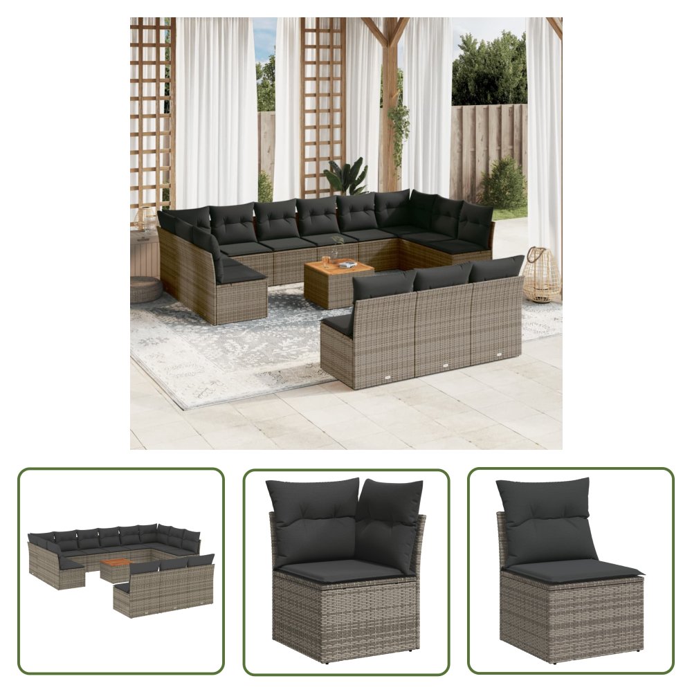 The Living Store 14-cz. zestaw mebli ogrodowych z poduszkami - szary - polirattan - Sofa Ogrodowa