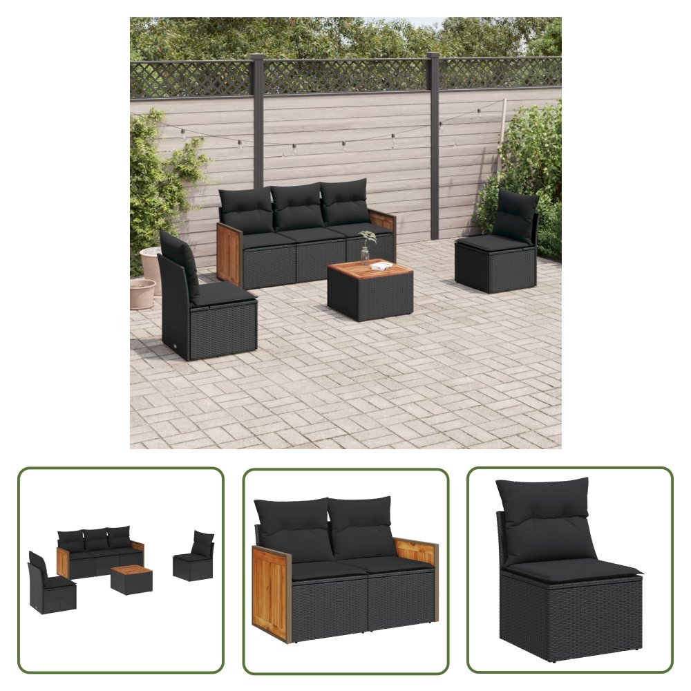 The Living Store 6-cz. zestaw mebli ogrodowych z poduszkami - czarny polirattan - Sofa Ogrodowa