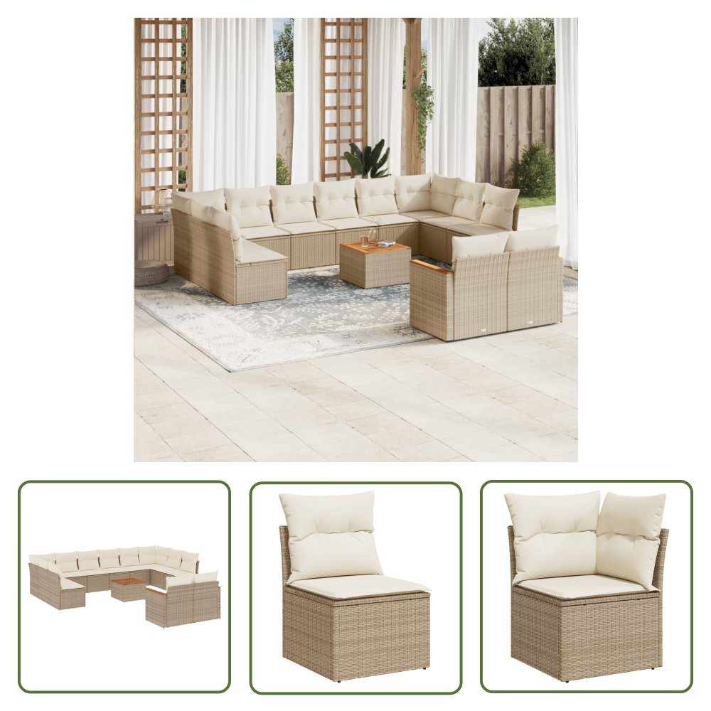 The Living Store 13-cz. zestaw mebli ogrodowych z poduszkami - beżowy - polirattan - Sofa Ogrodowa