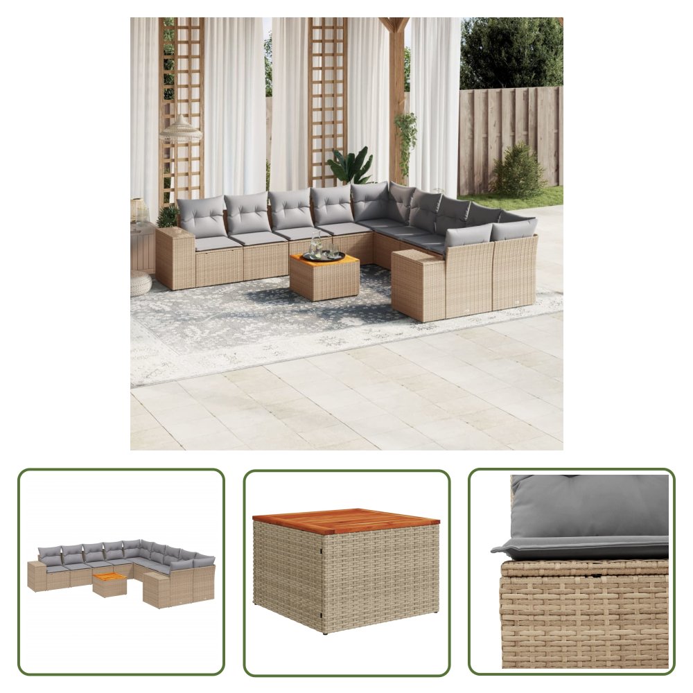 The Living Store 11-cz. zestaw mebli ogrodowych z poduszkami - beżowy - polirattan - Sofa Ogrodowa