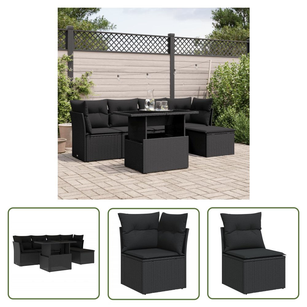The Living Store 6-cz. zestaw mebli ogrodowych z poduszkami - czarny polirattan - Sofa Ogrodowa