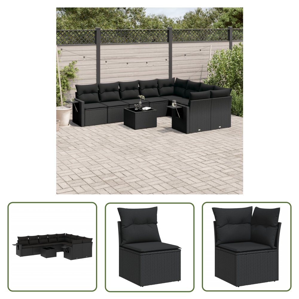 The Living Store 10-cz. zestaw wypoczynkowy do ogrodu - poduszki czarny rattan PE - Sofa Ogrodowa