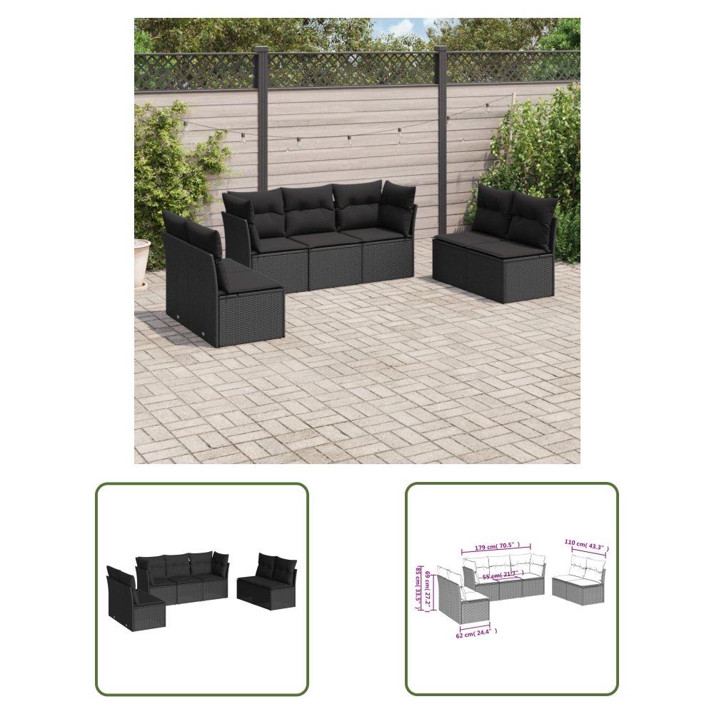 The Living Store 7-cz. zestaw wypoczynkowy do ogrodu - z poduszkami - czarny - Sofa Ogrodowa