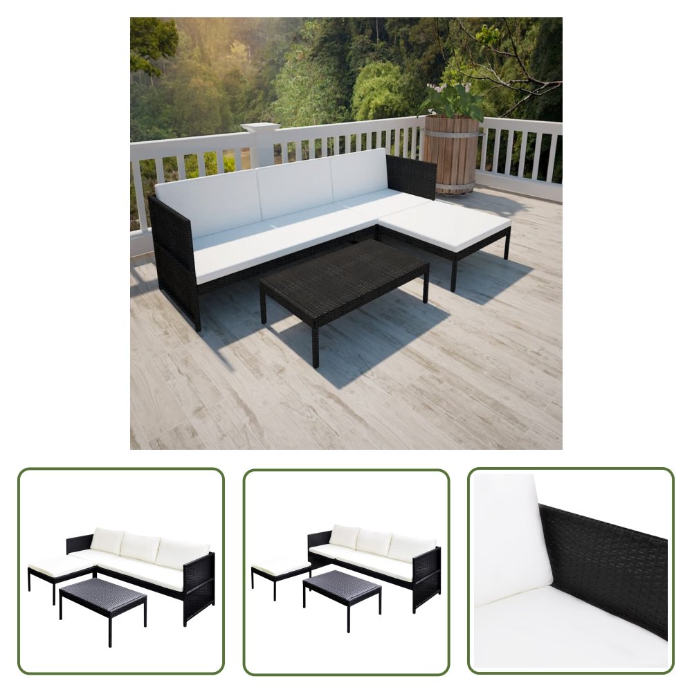 The Living Store 3-cz. zestaw wypoczynkowy do ogrodu - poduszki - czarny rattan PE - Sofa Ogrodowa I Stół