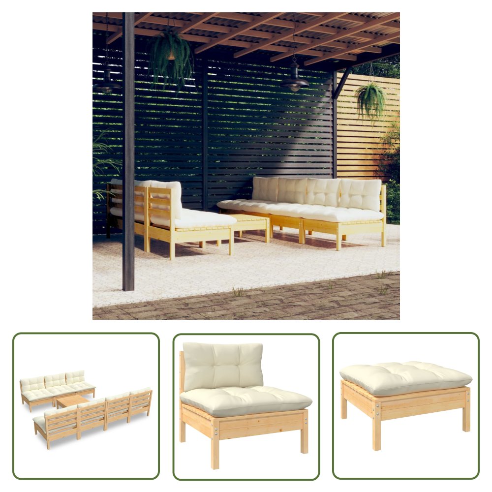 The Living Store 8-cz. zestaw wypoczynkowy do ogrodu - kremowe poduszki - sosnowy - Komplet Mebli Ogrodowych