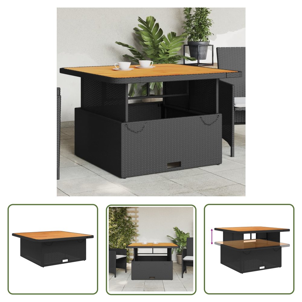 The Living Store Stół ogrodowy - czarny - 110x110x71 cm - polirattan i akacja - Stół Ogrodowy