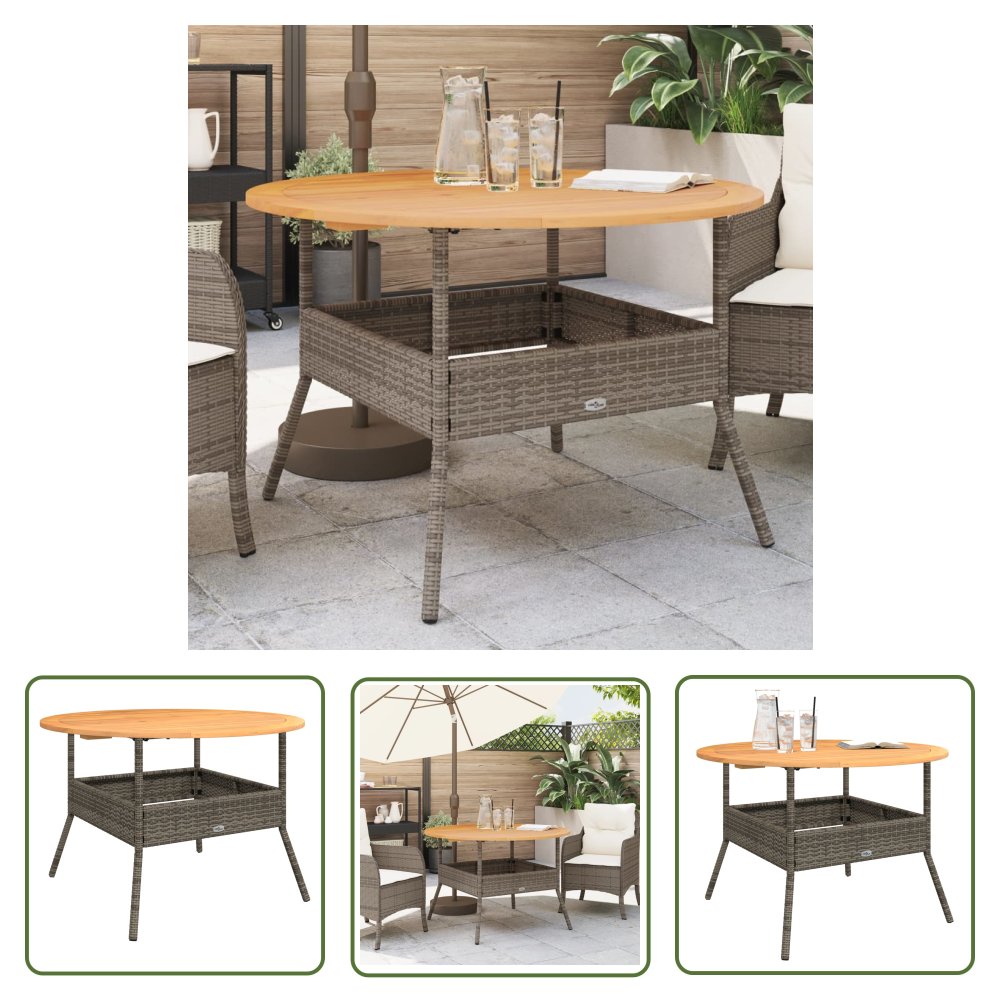 The Living Store Stół ogrodowy z akacjowym blatem - szary - Ø110x71 cm - rattan PE - Stół Ogrodowy