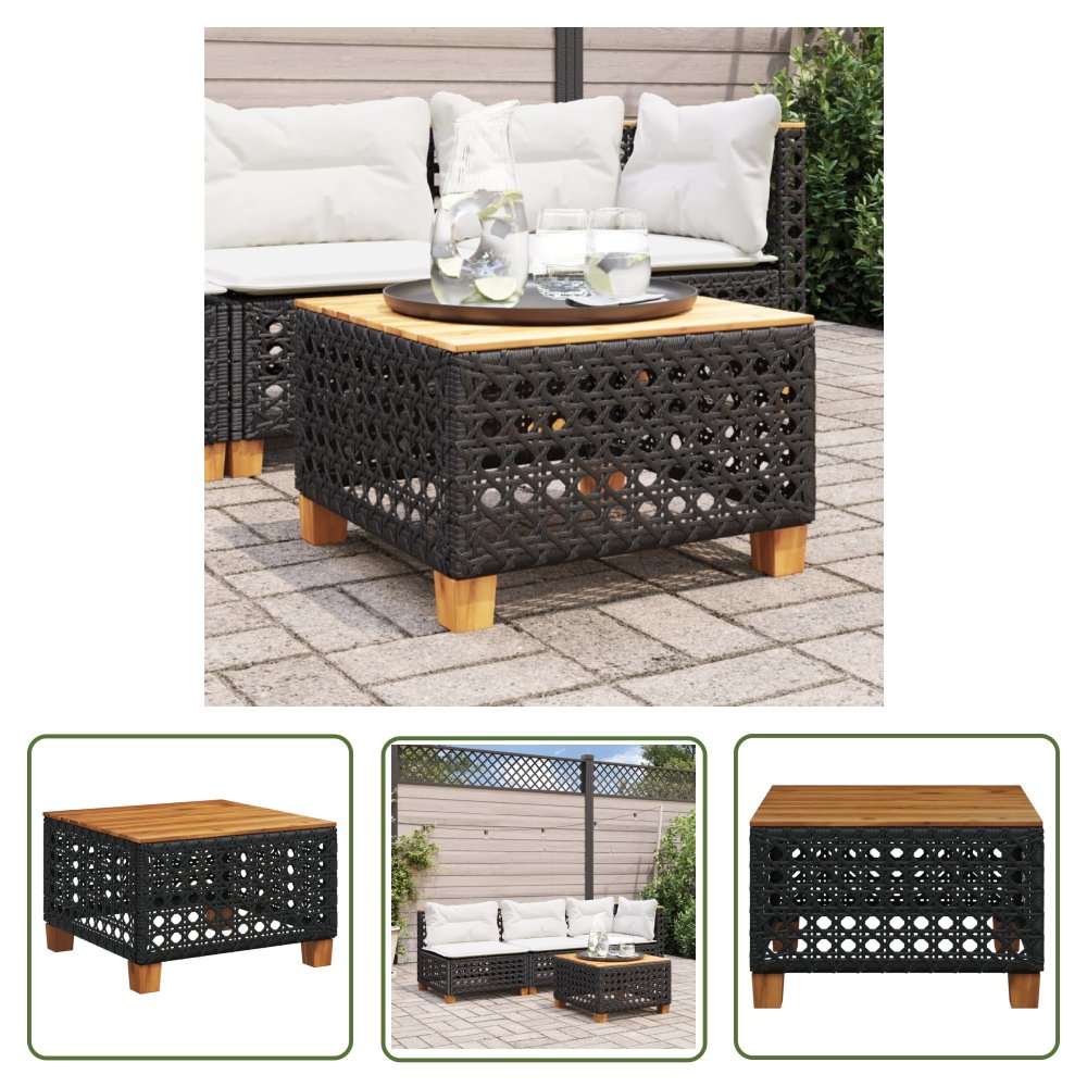 The Living Store Stolik ogrodowy - czarny - 55x55x36 cm - polirattan i akacja - Stolik Ogrodowy