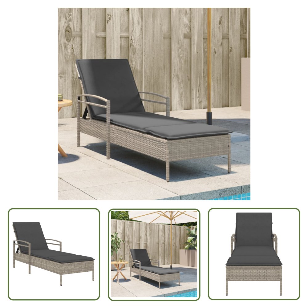 The Living Store Leżanka z poduszką - jasnoszara - 63x200x81 cm - polirattan - Leżak