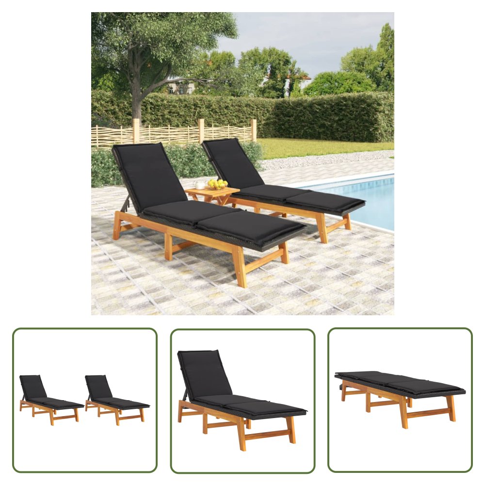 The Living Store Leżaki z poduszką - 2 szt. - polirattan i lite drewno akacjowe - Leżak