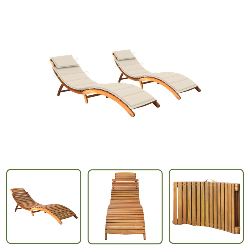 The Living Store Leżaki z poduszkami - 2 szt. - lite drewno akacjowe - Leżak