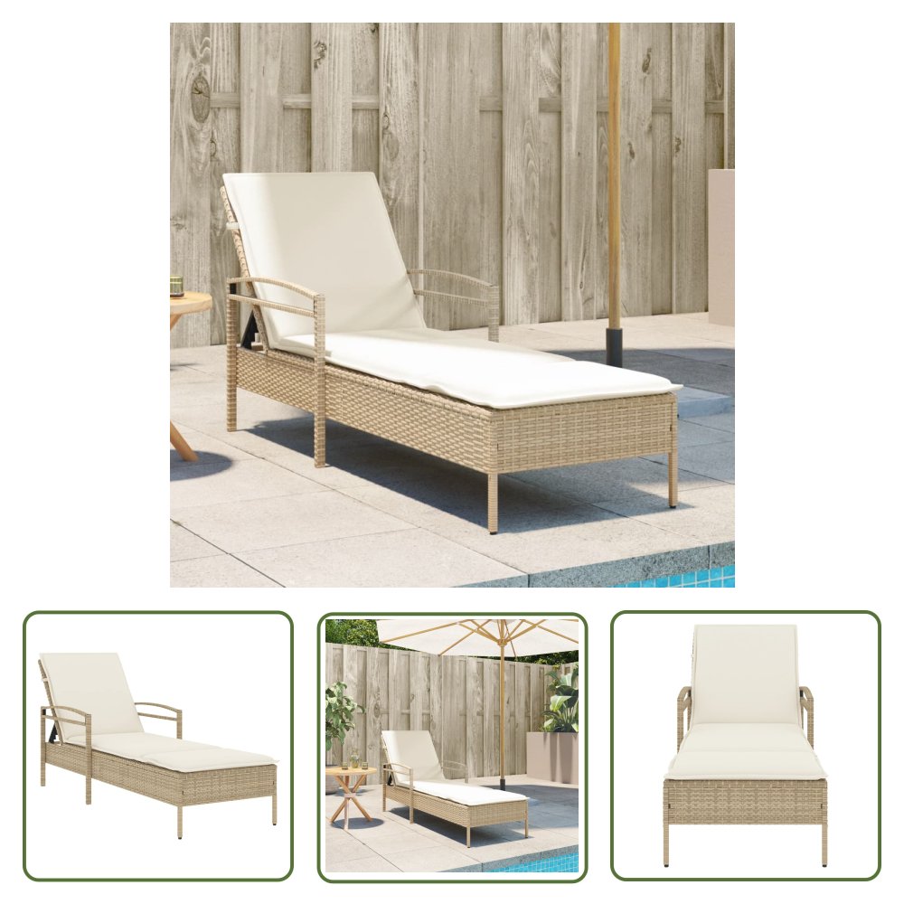 The Living Store Leżanka z poduszką - beżowa - 63x200x81 cm - polirattan - Leżak
