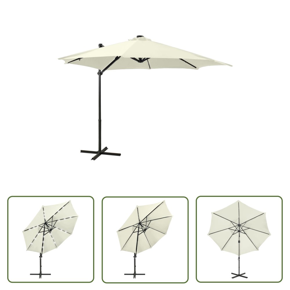 The Living Store Parasol wiszący z lampkami LED i słupkiem - 300 cm - piaskowy - Parasol Wiszący