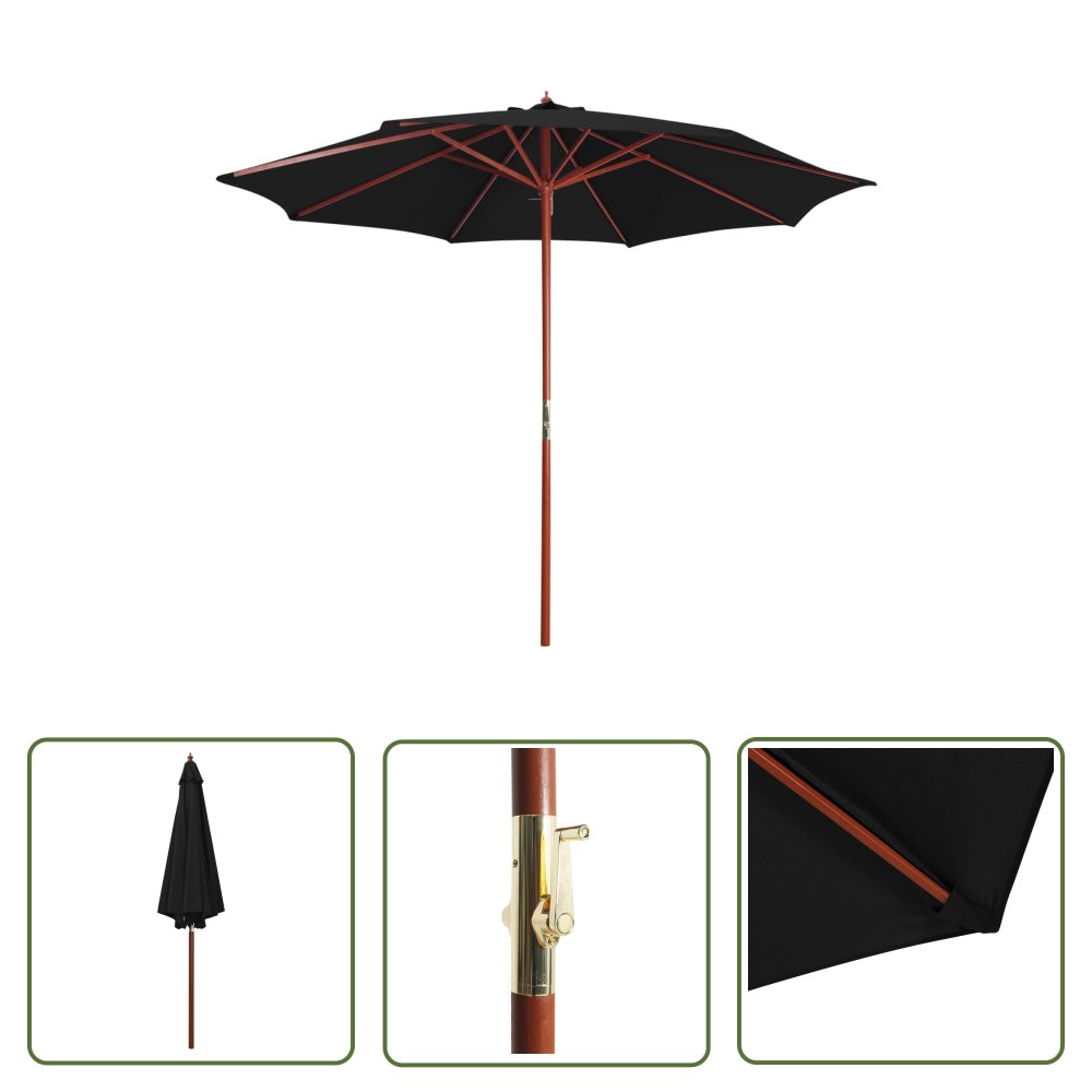 The Living Store Parasol ogrodowy na drewnianym słupku - 300x258 cm - czarny - Parasol Ogrodowy