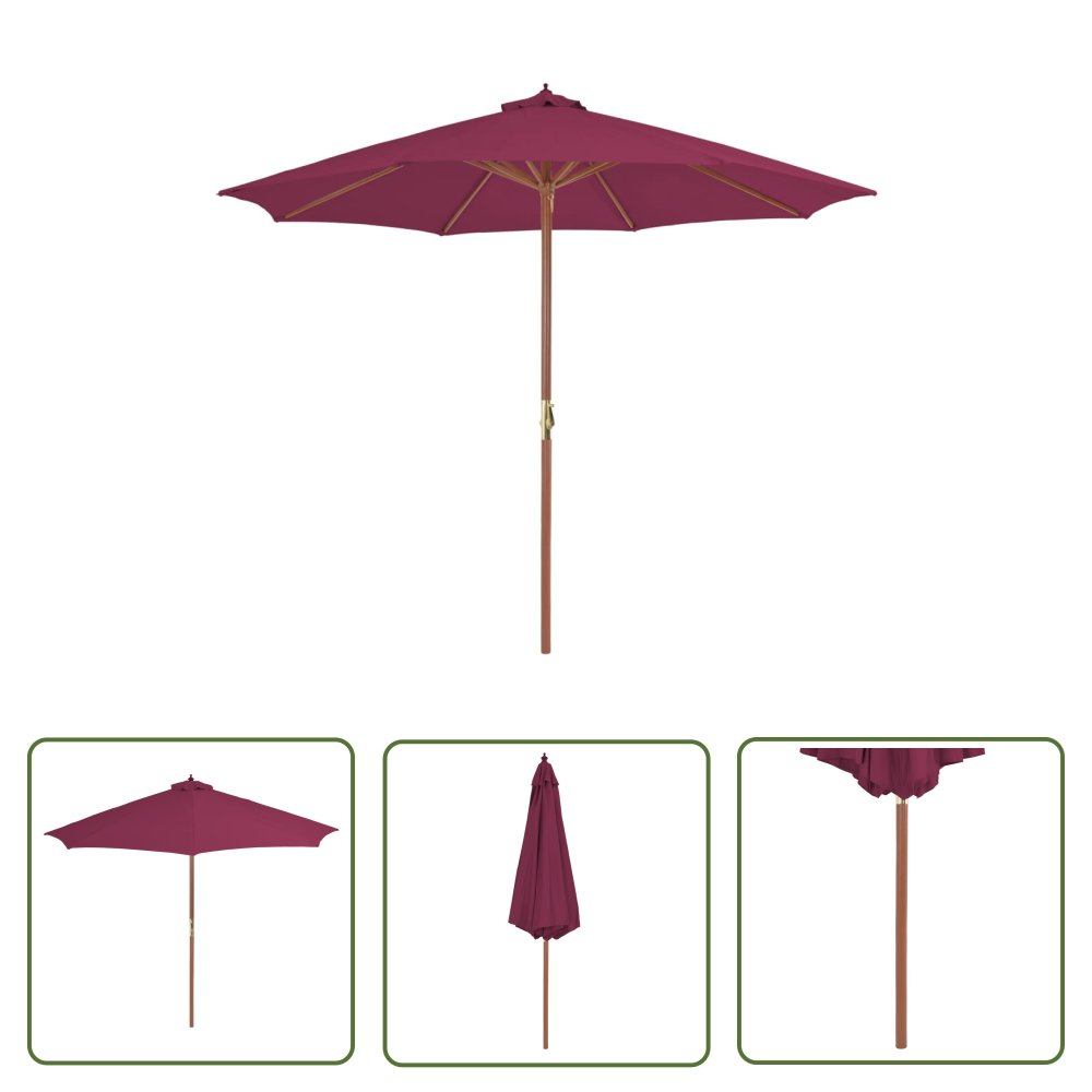 The Living Store Parasol ogrodowy na drewnianym słupku - 300 cm - bordowy - Parasol