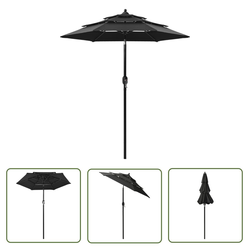 The Living Store 3-poziomowy parasol na aluminiowym słupku - czarny - 2 m - Parasol Ogrodowy
