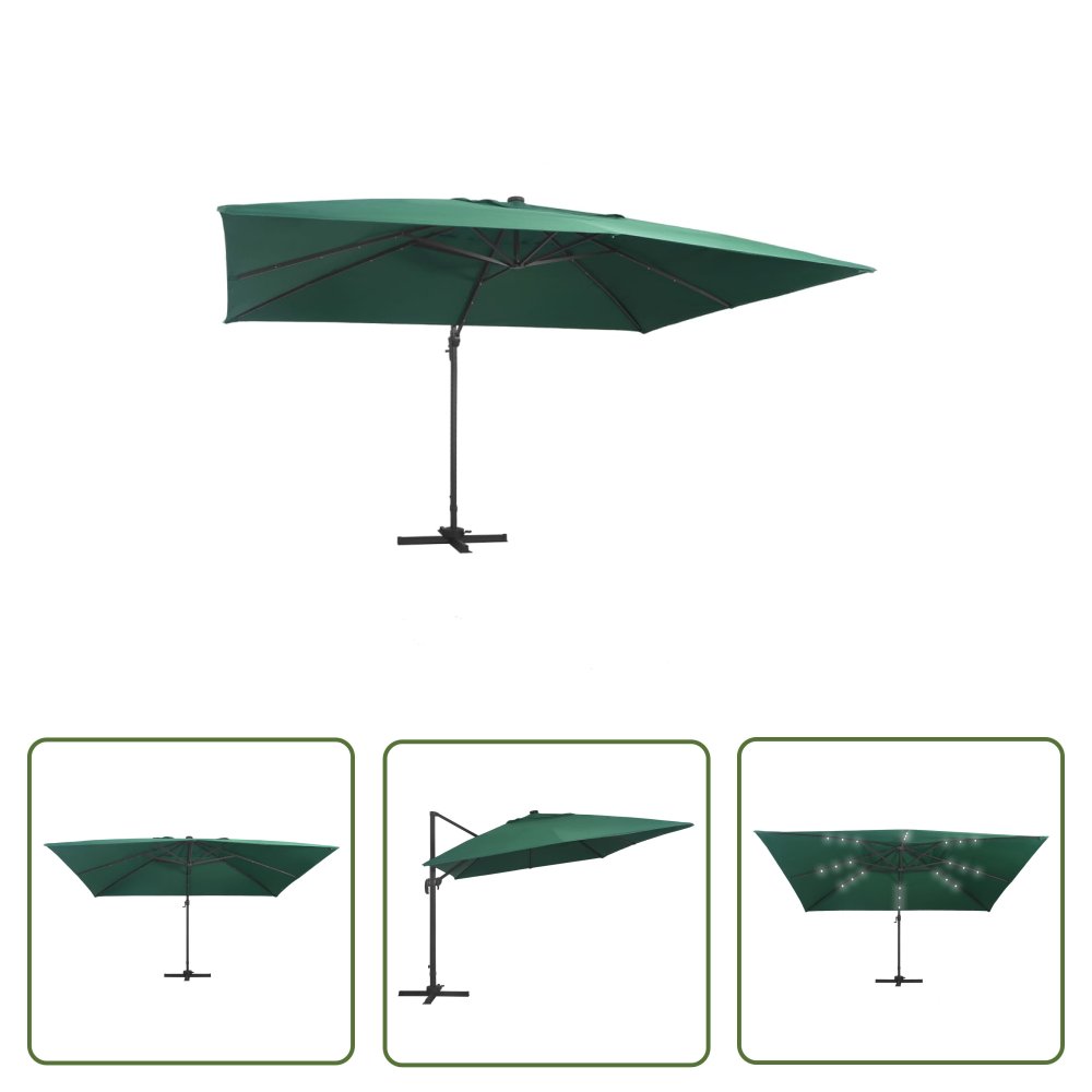 The Living Store Parasol z LED i aluminiowym słupkiem - 400x300 cm - zielony - Parasol Wiszący