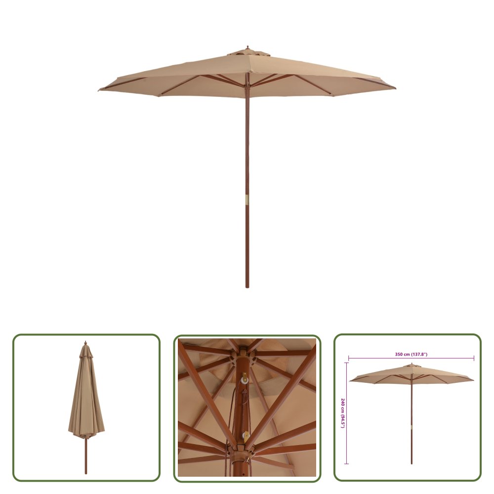 The Living Store Parasol ogrodowy na drewnianym słupku - 350 cm - taupe - Parasol