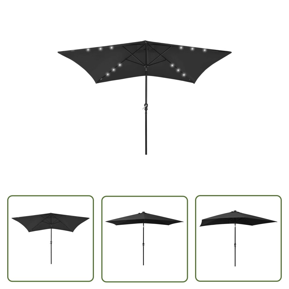 The Living Store Parasol ogrodowy z LED i stalowym słupkiem - czarny - 2x3 m - Parasol Ogrodowy