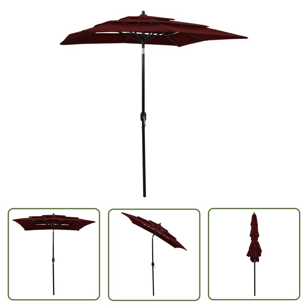 The Living Store 3-poziomowy parasol na aluminiowym słupku - bordowy - 2x2 m - Parasol Ogrodowy
