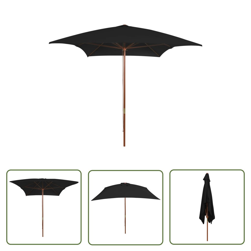 The Living Store Parasol ogrodowy na drewnianym słupku - czarny - 200x300 cm - Parasol Ogrodowy