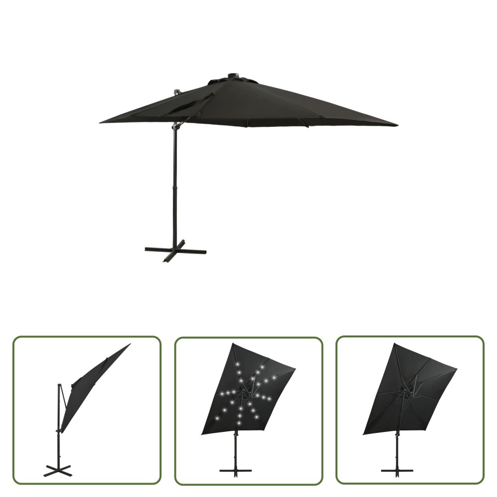 The Living Store Parasol wiszący z lampkami LED i słupkiem - 250 cm - czarny - Parasol Wiszący