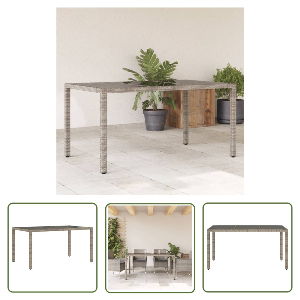 The Living Store Stół ogrodowy ze szklanym blatem - szary - 150x90x75cm - rattan PE - Stół Ogrodowy