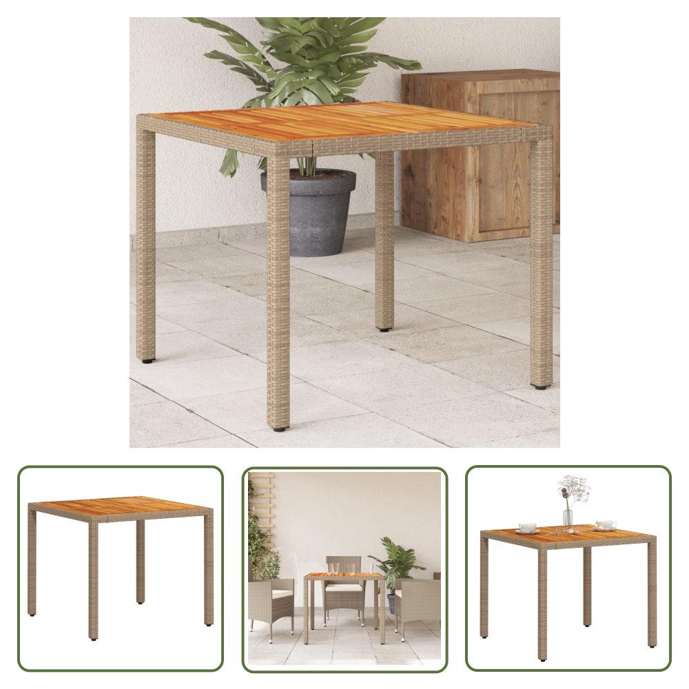 The Living Store Stół ogrodowy - beżowy - 90x90x75 cm - rattan PE i drewno akacjowe - Stół Ogrodowy
