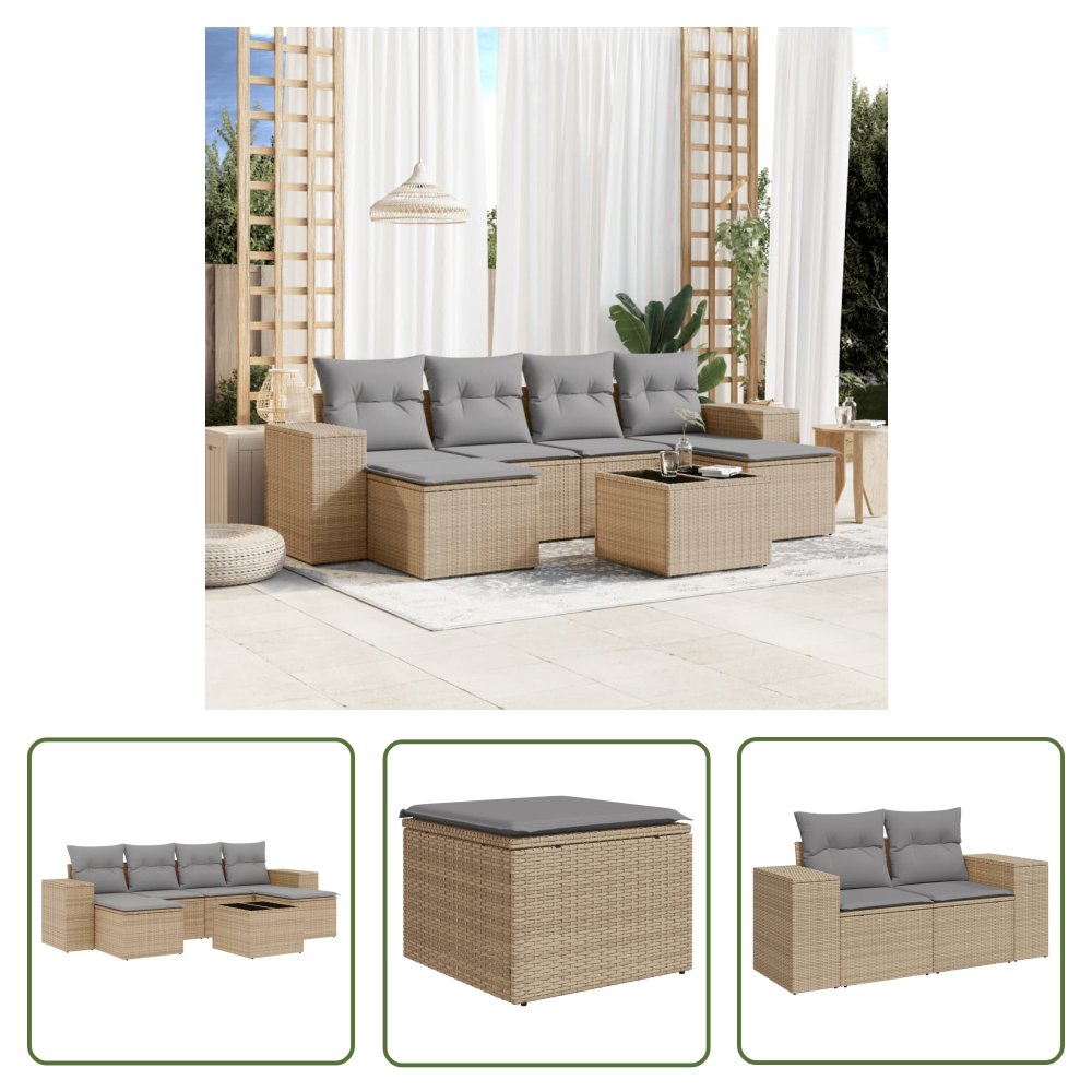 The Living Store 7-cz. zestaw wypoczynkowy do ogrodu - z poduszkami - beżowy - Sofa Ogrodowa