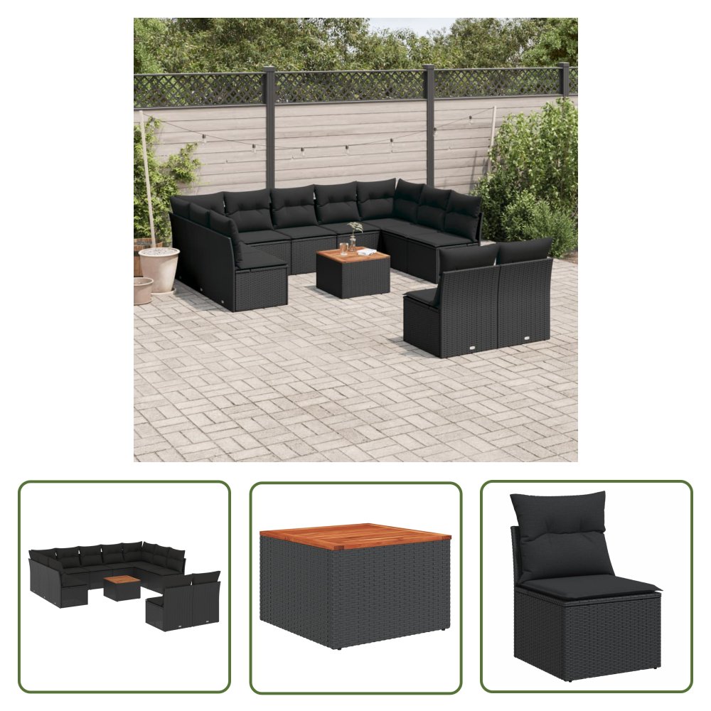 The Living Store 12-cz. zestaw mebli do ogrodu - z poduszkami - czarny - polirattan - Sofa Ogrodowa