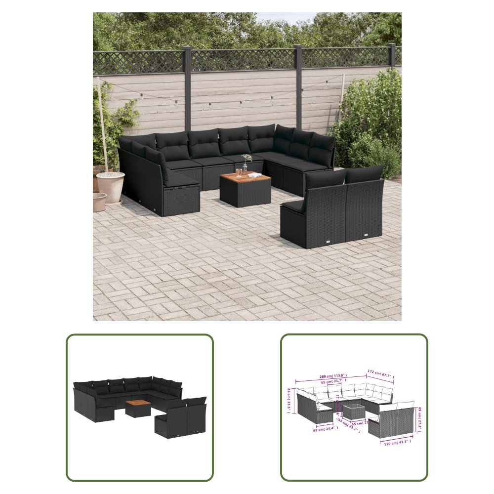 The Living Store 12-cz. zestaw mebli do ogrodu - z poduszkami - czarny - polirattan - Sofa Ogrodowa
