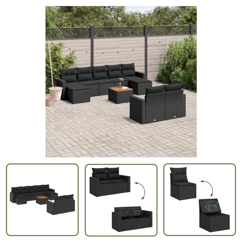 The Living Store 10-cz. zestaw wypoczynkowy do ogrodu - poduszki czarny rattan PE - Sofa Ogrodowa