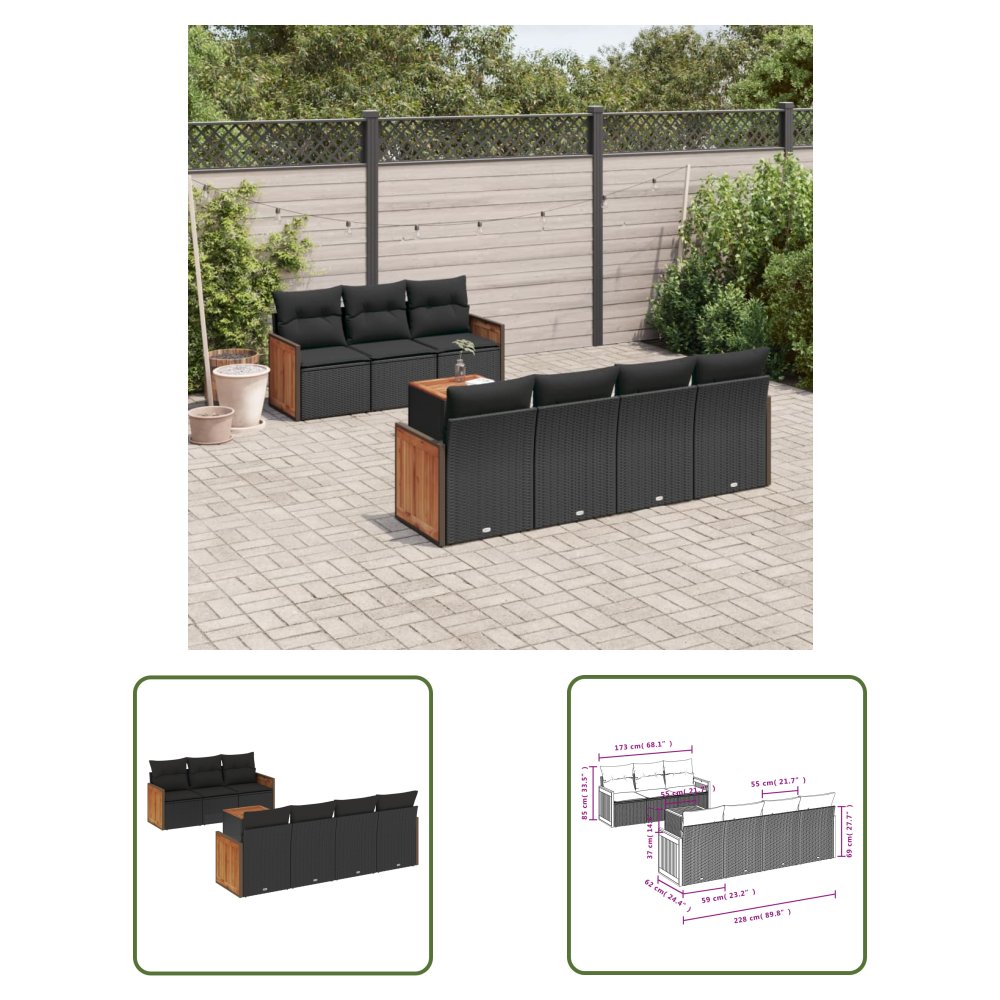 The Living Store 8-cz. zestaw wypoczynkowy do ogrodu - z poduszkami - czarny - Sofa Ogrodowa
