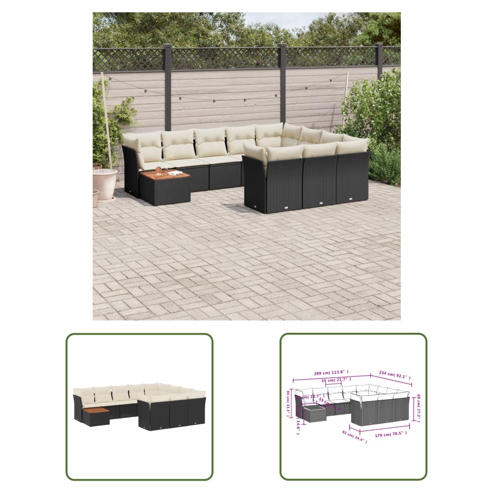 The Living Store 11-cz. zestaw wypoczynkowy do ogrodu - poduszki czarny rattan PE - Sofa Ogrodowa