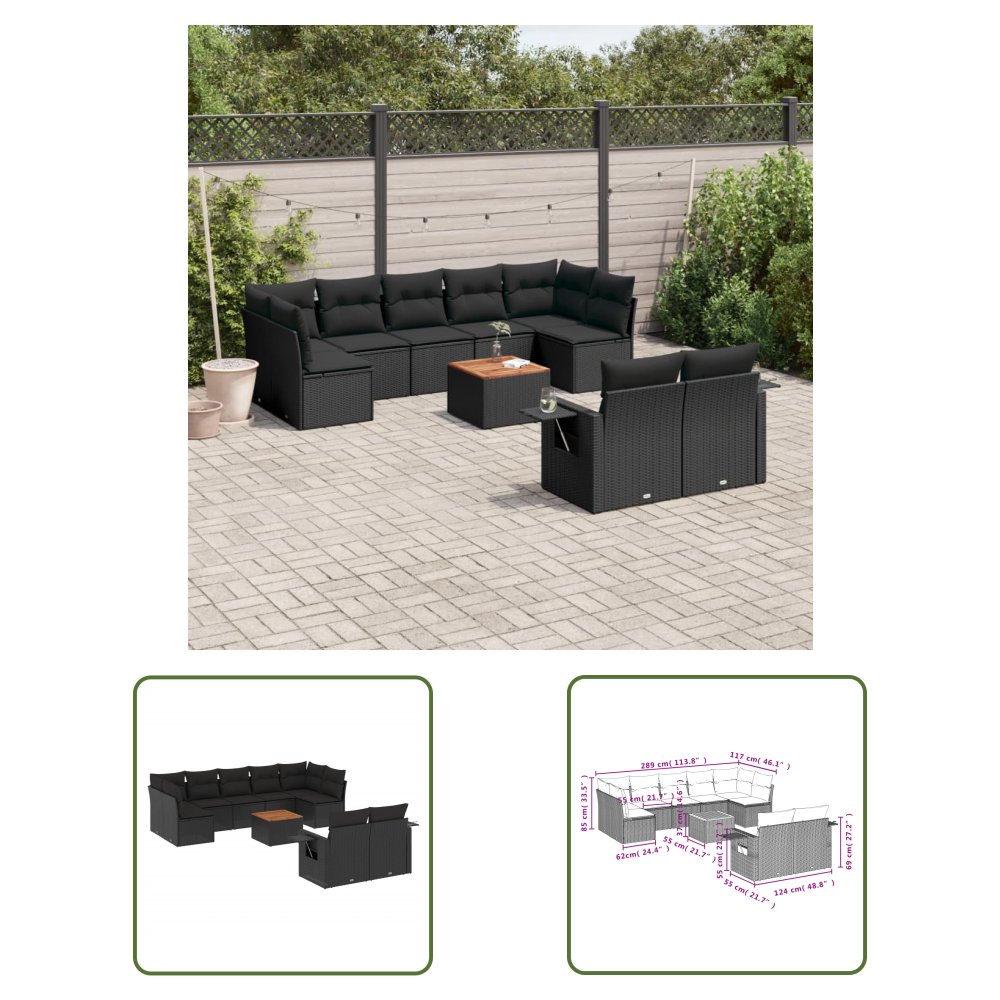 The Living Store 10-cz. zestaw wypoczynkowy do ogrodu - poduszki czarny rattan PE - Sofa Ogrodowa