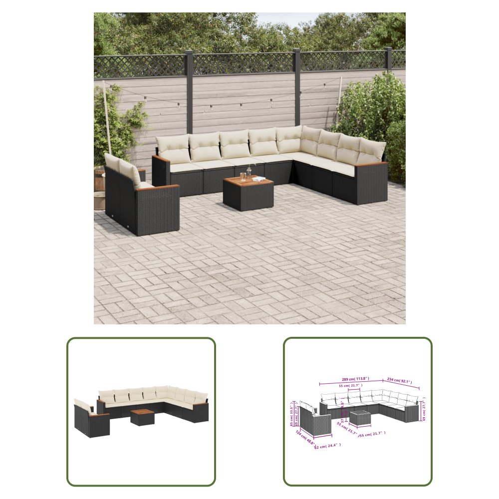 The Living Store 11-cz. zestaw wypoczynkowy do ogrodu - poduszki czarny rattan PE - Sofa Ogrodowa