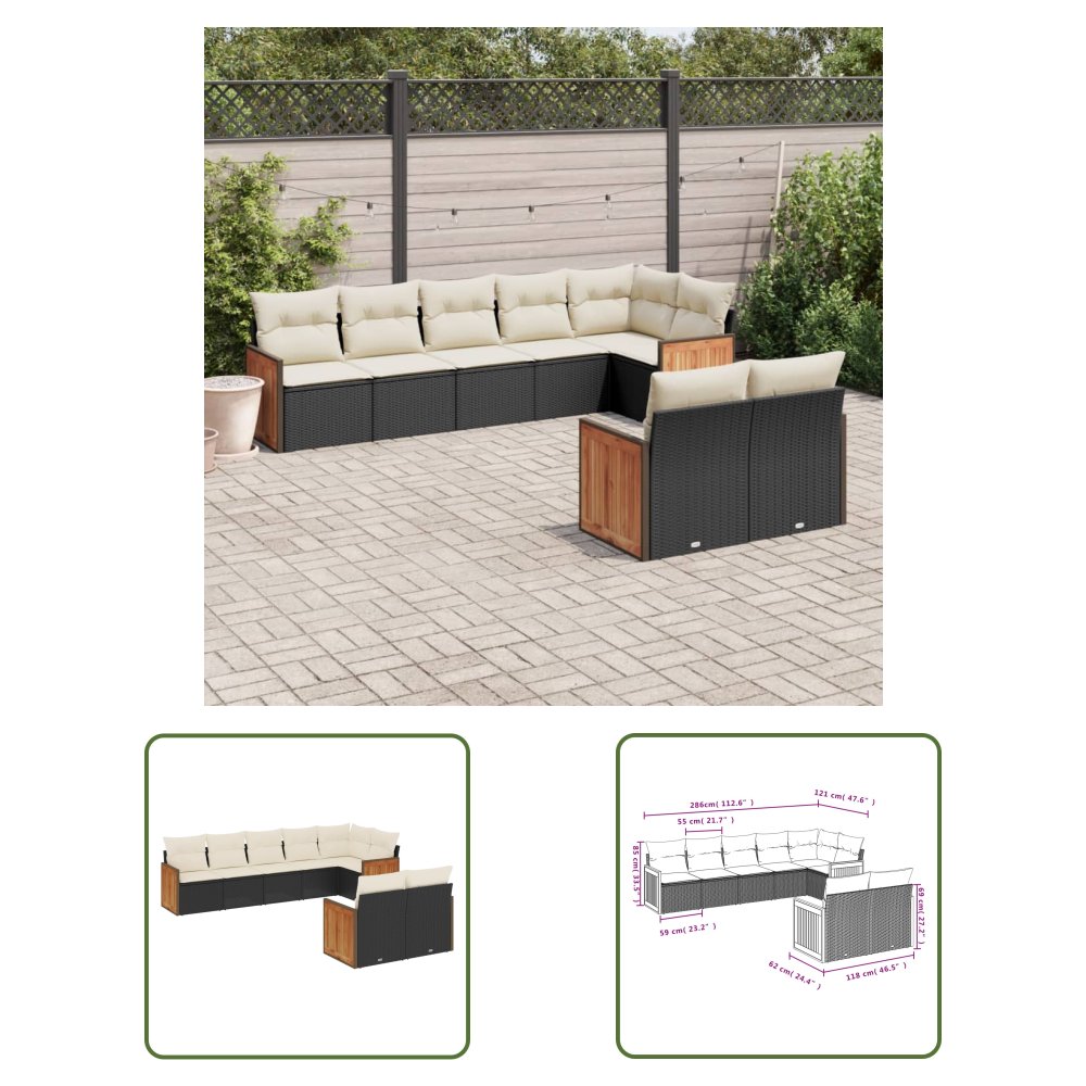 The Living Store 8-cz. zestaw wypoczynkowy do ogrodu - z poduszkami - czarny - Sofa Ogrodowa