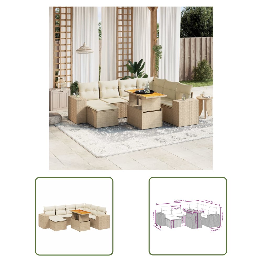 The Living Store 8-cz. zestaw mebli ogrodowych z poduszkami - beżowy - polirattan - Sofa Ogrodowa