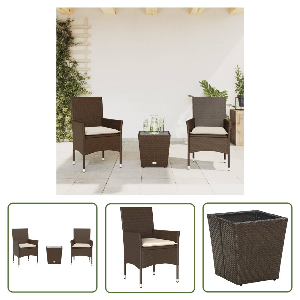 The Living Store 3-cz. zestaw bistro z poduszkami - brązowy - polirattan i szkło - Meble Ogrodow