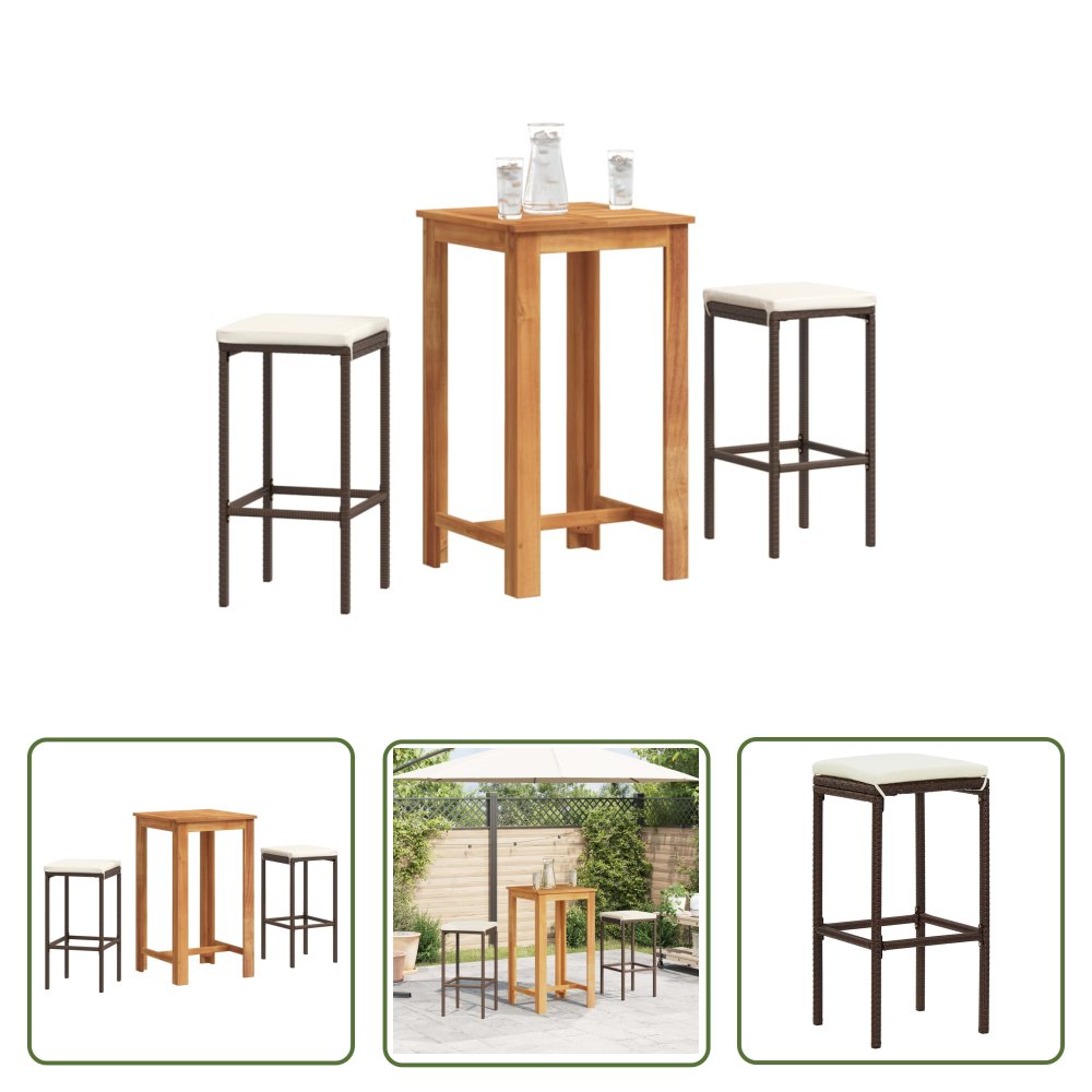 The Living Store 3-cz. zestaw mebli barowych do ogrodu - brąz - akacja i rattan PE - Zestaw Mebli Barowych